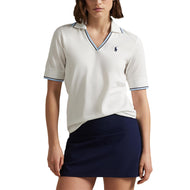 RLX Ralph Lauren Wanita V Neck Tour Pique Golf Polo Shirt - Keramik Putih/Angkatan Laut Ruling/Sutton Blue